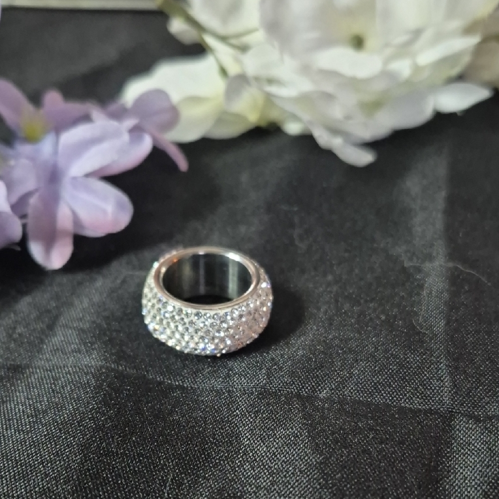 Crystal Pave Wide Band Ring - Silver